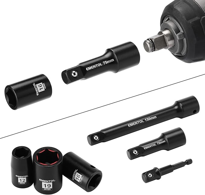 EMENTOL 30PCS 1/2" Drive Shallow Impact Socket Set, Metric, 10mm - 36mm, CR-MO, 6 Point, Includes 3-inch and 6-inch Imapct Extension Bars, 1/4"-1/2" Drill Adapter