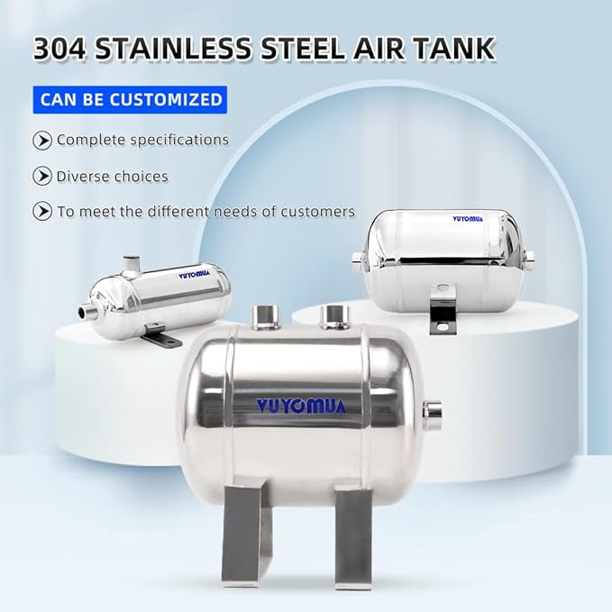 1/4" NPT Air Compressors 1 Gallon Stainless Steel Portable Air Compressor Max 180PSI Air Reservoir Water Storage Tank for Truck, Car, Air Horn, Inflating Tires, Air Ride