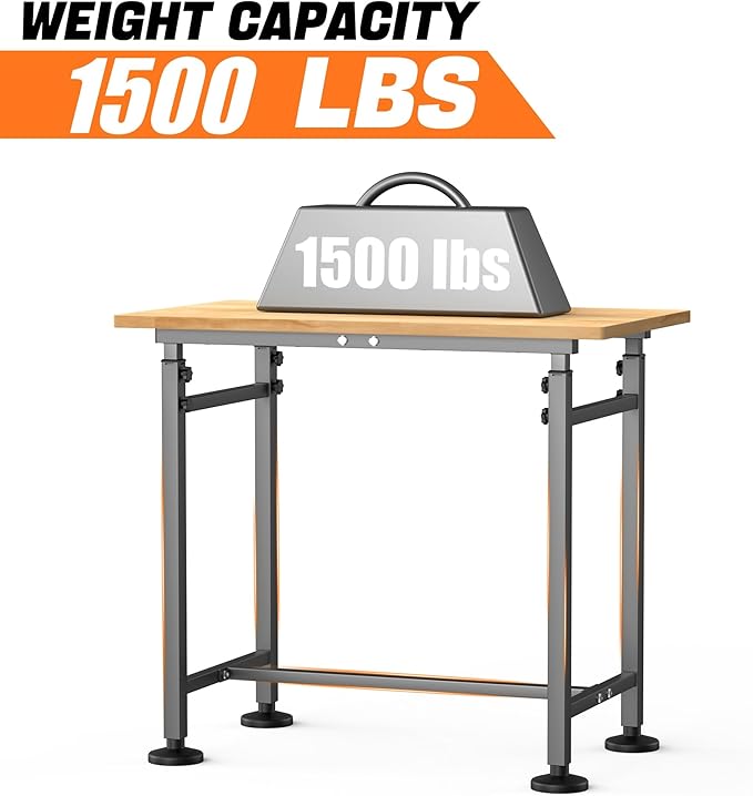 TORACK Adjustable Workbench with Rubberwood Top, 32" x 18" Heavy-Duty Garage Work Table, Height Adjustable 28"–38", Supports Up to 1500 lbs