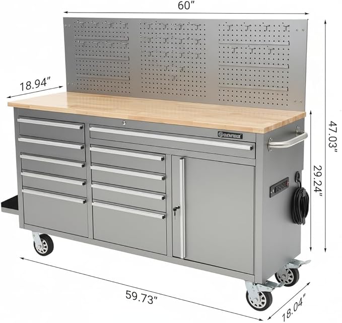 61-Inch Rolling Tool Chest, 10-Drawer Heavy Duty Garage Workbench with Solid Rubber Wood Top, Power Strip, 1675 LBS Load Mobile Storage Tool Cabinet - Black Workstation