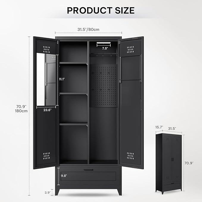 YITAHOME 71" Metal Garage Broom Cabinets with Adjustable Shelves, Vacuum Storage Cabinet with Doors and Drawer, Tool Storage Cabinet for Gym, Basement, Warehouse, Black, Metal