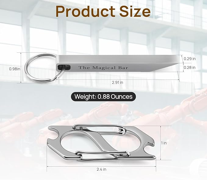 EDC Pry Bar with Carabiner, Heavy Duty Keychain Prybar Tool, Mini Stainless Steel Multi Tool, Everyday Carry for Men Women, Minimalist Tool for Opening Boxes, Turning Screws