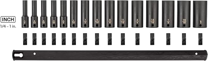 TEKTON 3/8 Inch Drive Deep 6-Point Impact Socket Set with Rail, 15-Piece (1/4-1 in.) | SID91105