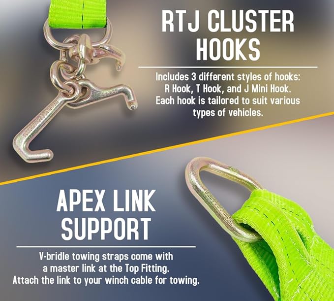 Mytee Products 2 Pack Tow Straps V Bridle 3" x 36" w/RTJ Clusters, Hi VIZ/HI Abrasion Green Webbing, 5400 lbs WLL | Recovery V Strap w/Reinforced Webbing for Towing, Wrecker, Rollback, Car Hauler