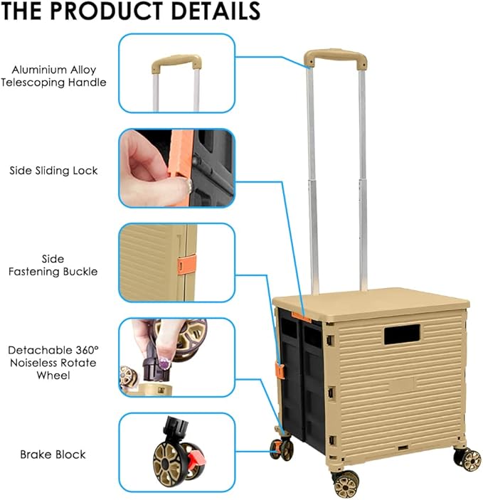 Folding Rolling Utility Cart,Wear-Resistant Noiseless Shopping Trolley Carts with Wheels for Grocery,Portable Crate Storage Tool Box with Lid Used as a Seat for Moving Office Use/Travel/Picnic/Books