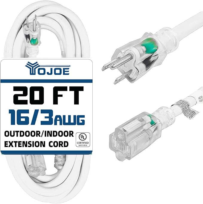 YOJOE Indoor Outdoor Extension Cord with Lighted End, 3 Prong 13A Weatherproof Power Cord, 16 Gauge Heavy Duty 20 ft White Extension Cord for Garage, Garden and Home, 16/3 SJTW UL Listed
