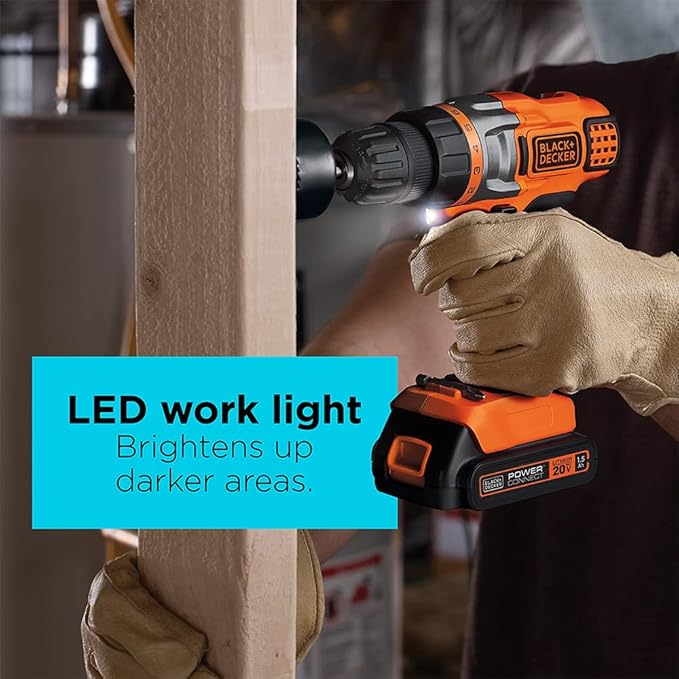 BLACK+DECKER 20V MAX Cordless Drill Driver with Battery and Charger, LED Work Light (LDX220C)