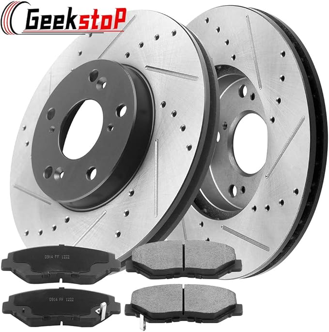 Front Brake Rotors and Pads for 2003-2017 Honda Accord,2013-2018 Honda Civic, 2003-2011 Element, 02-04 CR-V, 13-15 Acura ILX Drilled and Slotted E-Coating Disc Brake Rotors Ceramic Brake Pads