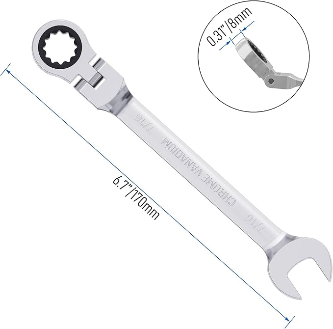 7/16 Inch Flex-Head Ratcheting Combination Wrench SAE 72 Teeth 12 Point Ratchet Box Ended and Open End Spanner Tools, Flexible Head Gear Wrench, Heat-Treated CR-V