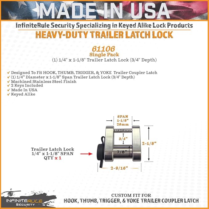 61106 | Trailer Latch Lock for Hook, Thumb, Trigger, & Yoke Trailer Coupler Latch - (3/4" Depth)