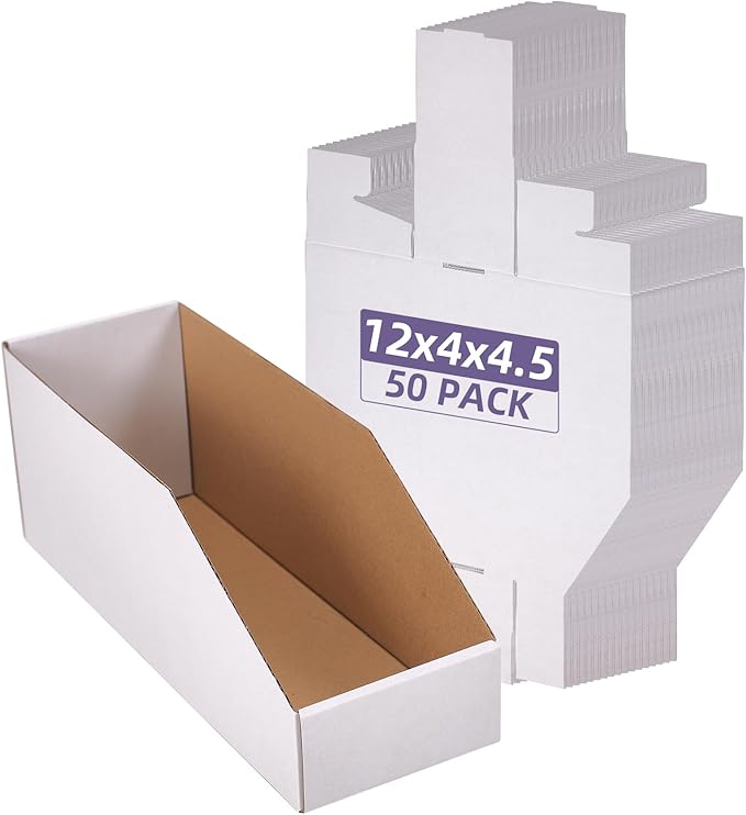 EXYGLO Cardboard Storage Bins 50 Pack, 12x4x4.5 Inch Cardboard Boxes, Corrugated Organizer Bins for Pantry, Shelves, Garage, Office, Shop, White