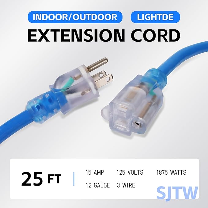 EP 25 Ft Outdoor Extension Cord, 12/3 SJTW Heavy Duty Waterproof Power Cable, 3 Prong Grounded Plug, Lighted End, for Lawn, Garden, Appliances, Blue