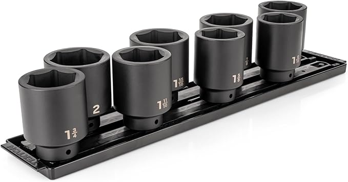 TEKTON 1/2 Inch Drive Deep 6-Point Impact Socket Set with Rails and Tray, 8-Piece (1-9/16-2 in.) | SID92107