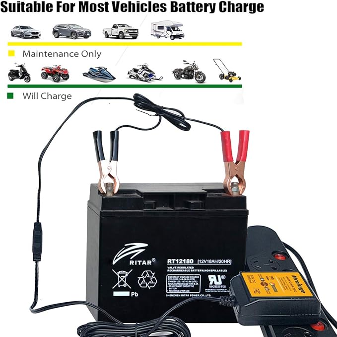 MBC022, 12V 2A Lead Acid & Lithium(LiFePO4) Automatic Trickle Battery Charger Smart Battery Maintainer for Car Motorcycle Lawn Mower Boat ATV SLA AGM Gel Lithium(LiFePO4) and More Batteries