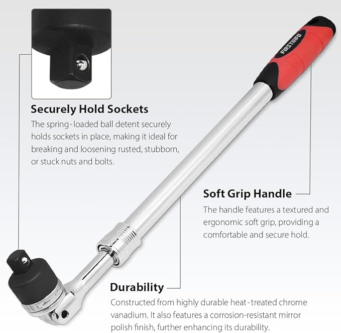 FIRSTINFO 1/2" Drive Extendable Breaker Bar Ratchet Wrench Length 17.2 to 22.7 inches, with Flexible Ratchet Head
