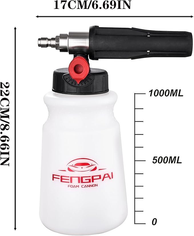 FENG PAI Foam Cannon for Pressure Washer, Car Wash Snow Foam Cannon Lance Pressure Washer Soap Dispenser with Adjustable Thick Foam, 1/4 Quick Connector, 1L