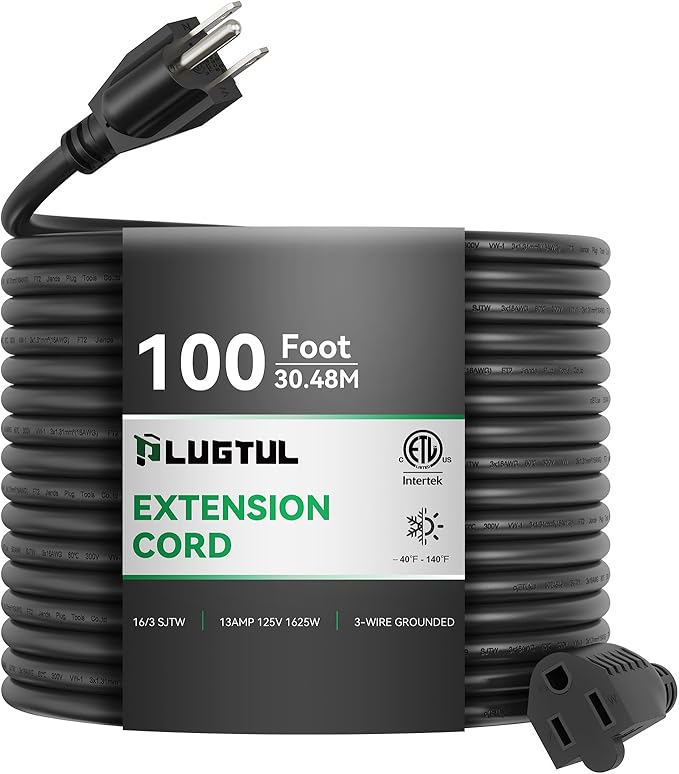 PLUGTUL 100 FT Outdoor Extension Cord Waterproof 16/3 Black Heavy Duty 3 Prong Extension Cord, 13A 1625W SJTW, ETL Listed, Great for Garden and Home