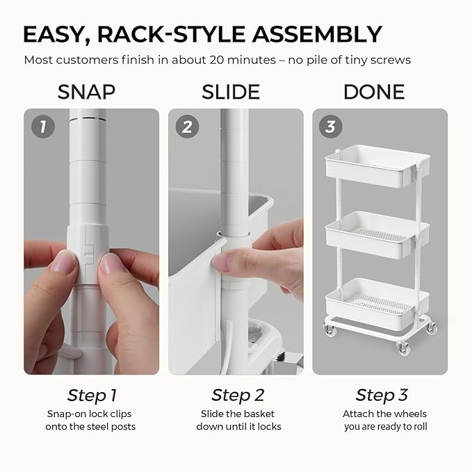 3 Tier Modern Metal Rolling Tool Cart with Silent Casters, 17.72×12.40×35.04 inch Heavy Duty Organization Truck Trolley Organizer for Office, Living Room, Kitchen, (White)
