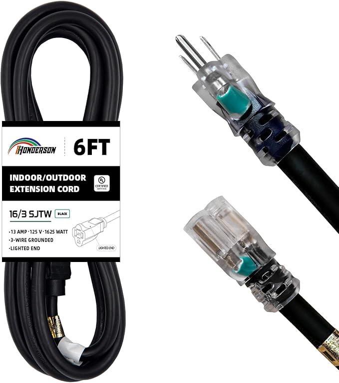 Indoor Outdoor Extension Cord Weatherproof with Lighted End, UL Certified, 16 Gauge 6FT Black 3 Prong Heavy Duty, 16/3 SJTW 13A Power Cord for Outdoor Lights, Lawn
