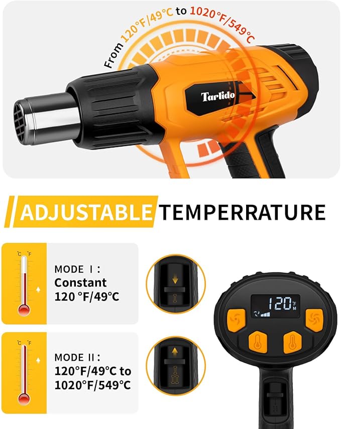 Tarlido Heat Gun 1500W 120°F-1020°F(50°C-550°C) Fast Heating Heavy Duty Hot Air Gun Kit Variable Temperature Control Overheat Protection with 4 Nozzles for Crafts, Shrinking Pvc, StrippingPaint