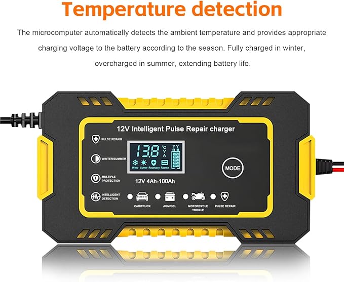 Mandark Car Battery Charger, 12V 6A Smart Fully Automotive Battery Trickle Charger, Portable Vehicle Battery Maintainer Desulfator with Temperature Compensation, Universal for SUV RV Truck (Yellow)