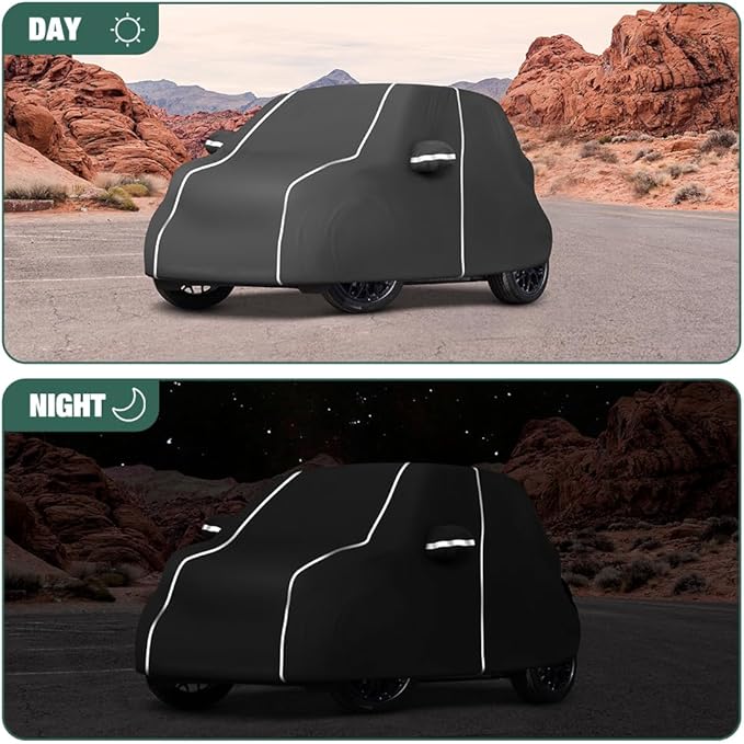 Fluorescent Strip Design 6 Layers Waterproof Car Cover Compatible for Smart Fortwo 2007-2022 All Weather Full Car Cover with Storage Bag