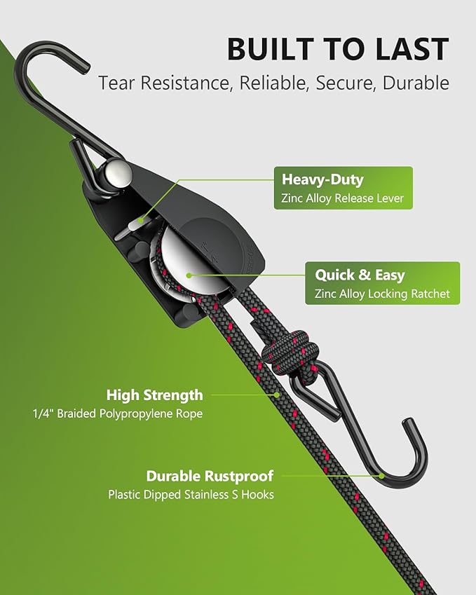 Kayak Straps Tie Downs 4 Pack, Roof Rack Straps Adjustable Ratchet Tie Down Straps with Lock S Hooks, 1/4 Inch 12 Feet Ratchet Straps Heavy Duty for Small Cargo, Kayak, Packing, Camping Gear