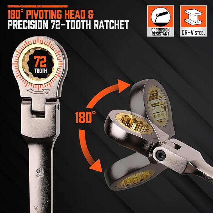 HORUSDY 12-Piece Metric Flex-Head Ratcheting Wrench Set with Organizer | 8-19 mm Ratchet Combination Wrenches Set | 72-Teeth | Chrome Vanadium Steel