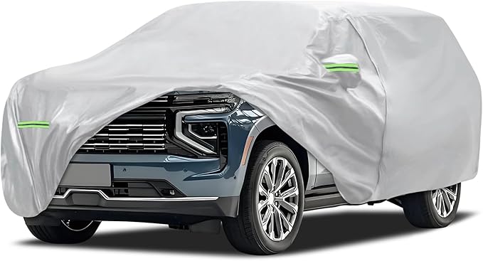 Car Cover Fit for Chevrolet Tahoe 4 Door 2007-2026, Migaven Waterproof Full Exterior Cover Sun Rain Protection with Door Zipper and Cotton Lining, Silver