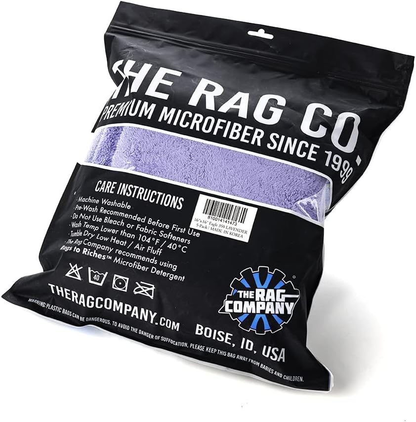 The Rag Company - Eagle Edgeless 350 (5-Pack) Professional Korean 70/30 Blend Super Plush Microfiber Detailing Towels, 350GSM, 16in x 16in, Lavender