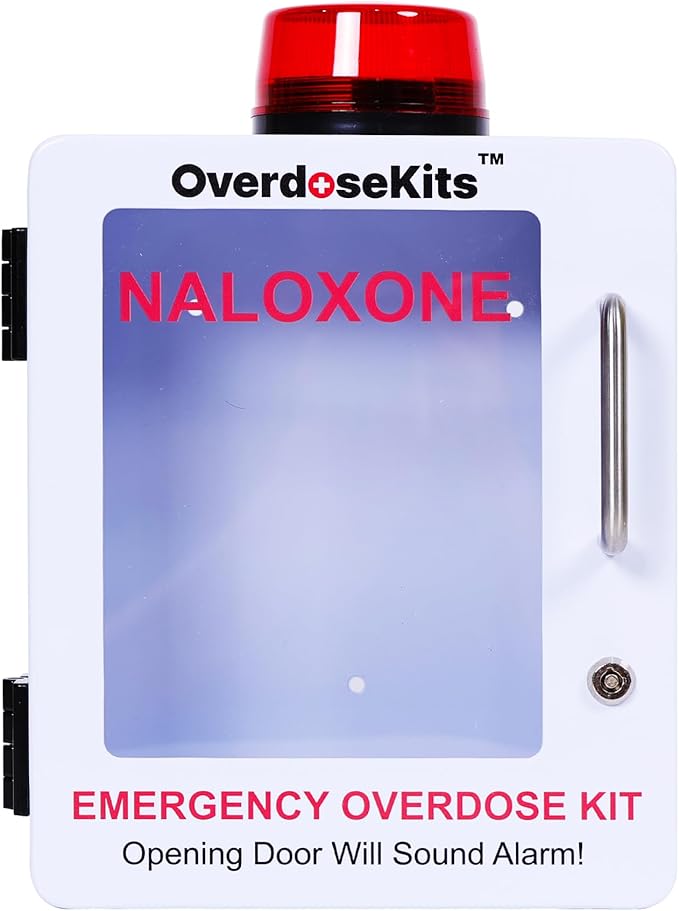 Naloxone Overdose Emergency Kit Cabinet - Includes Optional Alarm and Locking System - Designed for Wall Mount & Public Access (Metal, White)