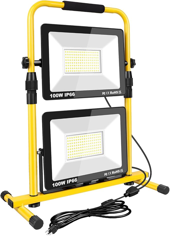 Willpower Portable Stand LED Work Light, 2X 100W 20000LM Floodlights Folding Job Site Security Lights for Camping Workshop Garage Garden Outdoor Lighting, 5M Wire with Plug, IP65, 6000K White