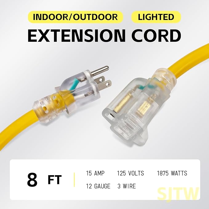 EP 8 Ft Lighted Extension Cord - 12/3 SJTW Heavy Duty Yellow Extension Cable with 3 Prong Grounded Plug - Power Cord for Lawn, Garden, Appliances