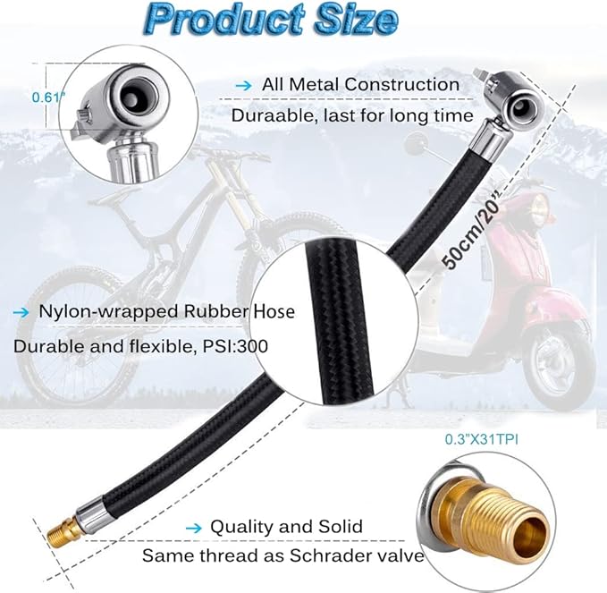 50cm 20inches Ultra-Long Tire Inflator Hose Adapter, Thumb Press Locking Tire Chuck, Fast Inflation, Quick Release and Connect, Universal for Cars, Motorcycles and Bicycles, 1pc.