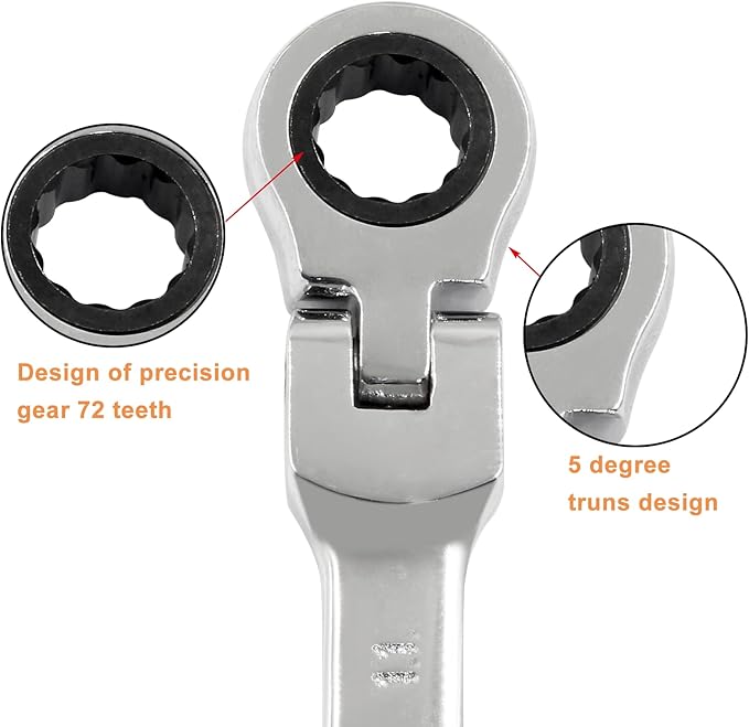 Piutouyar 11mm Flex-Head Ratcheting Wrench, Professional Metric Ratchet Wrench Combination Wrench Box Ended Spanner Tool for Projects Repair(5° Movement and 72 Teeth 12 Point, CR-V)