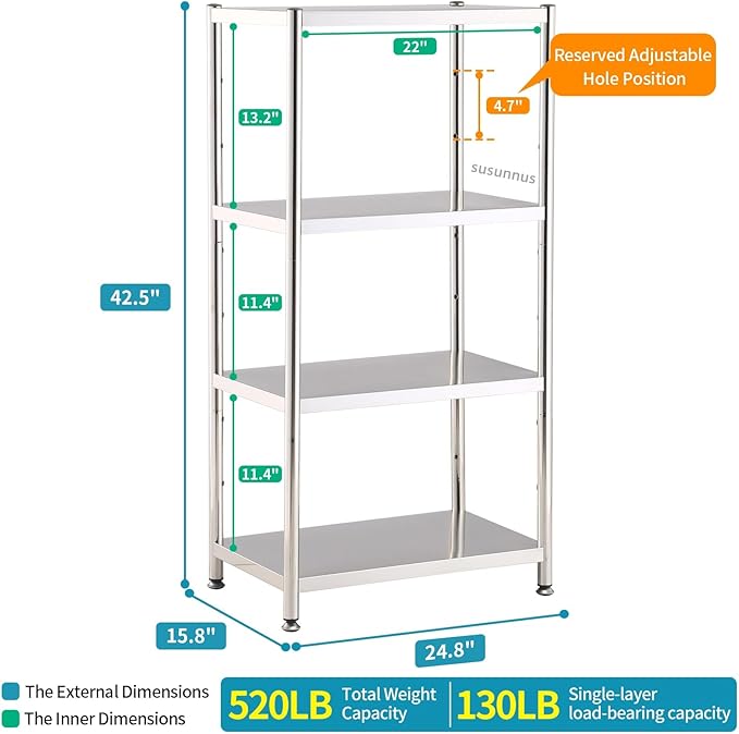 susunnus 4-Tier Stainless Steel Shelf, Heavy Duty Shelving for Kitchen, Garage, Industrial Storage, Kitchen Shelves Adjustable Feet, Easy to Clean(24.8in*15,8in Without Guardrails)
