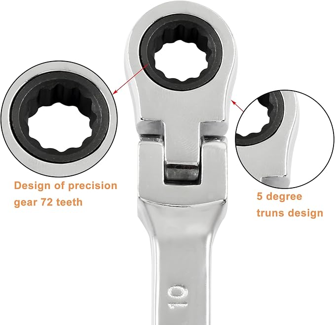 Piutouyar 10mm Flex-Head Ratcheting Wrench, Professional Metric Ratchet Wrench Combination Wrench Box Ended Spanner Tool for Projects Repair(5° Movement and 72 Teeth 12 Point, CR-V)