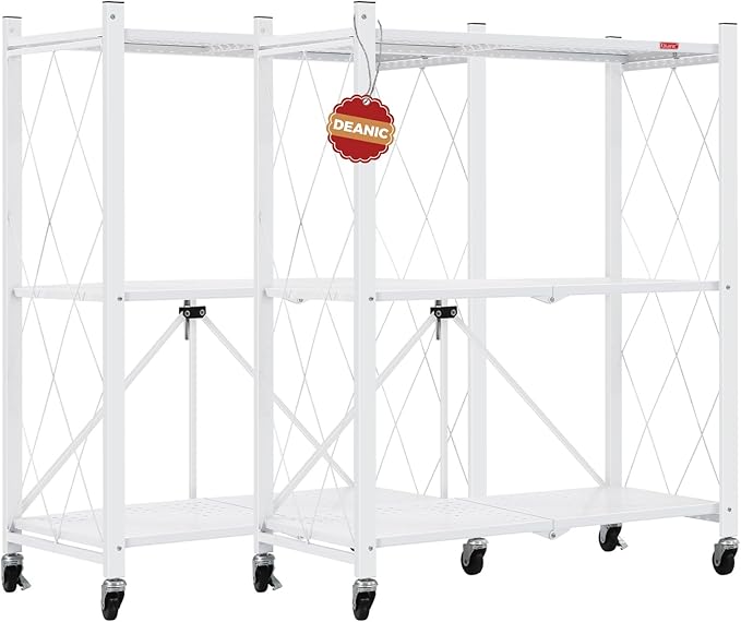 DEANIC 3 Tier Foldable Storage Shelves with Wheels, Large Capacity Shelving Unit, Freestanding Metal Wire Shelf Rack, No Assembly Organizer Rack for Garage Kitchen, Basement, Pantry(White Pack of 2)