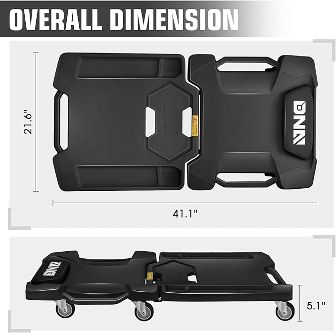 DNA Motoring 41inch Low Profile Plastic Rolling Garage Shop Creeper with Padded Headrest, Tool Trays & 6pcs Casters, Foldable Creeper, TOOLS-00637-BK
