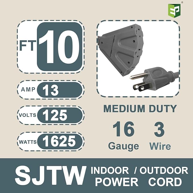EP 10 Ft Outdoor Extension Cord with 3 Electrical Power Outlets - 16/3 SJTW Grey Cable with 3 Prong Grounded Plug for Safety Great for Christmas Lights, Garden and Major Appliances