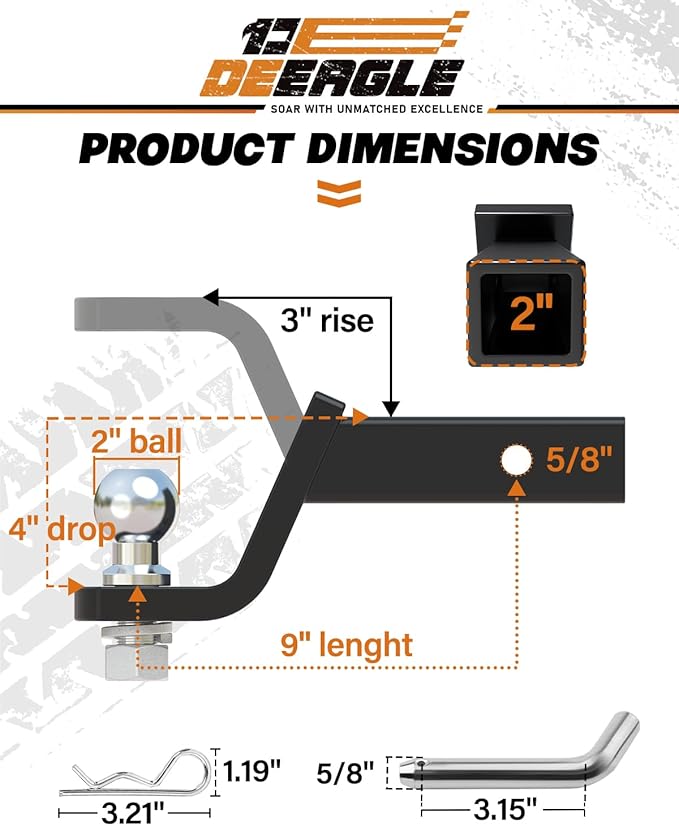 DEEAGLE 2 in Ball Hitch with Pin, Heavy Duty Steel Receiver Hitch, Fits 2 in Receiver, 7500lbs, 4 in Drop