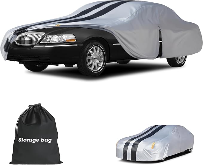 Multi-Layer Car Cover Custom Fit for Lincoln Town(1981-2011), 100% Waterproof All Weather for Automobiles, Gift with Towel, Heavy Duty Car Covers for Rain Sun UV Protection with Door Zipper.