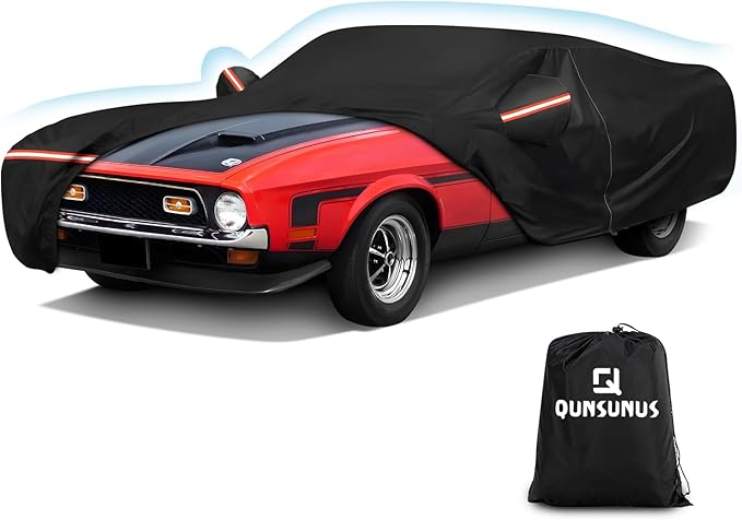 QUNSUNUS Waterproof Car Cover for Ford Mustang 1969-1973, Outdoor Car Covers with Zipper, All Weather Full Exterior Cover with Straps and Elastic Edges for Wind, Sun, UV and Dust Protection