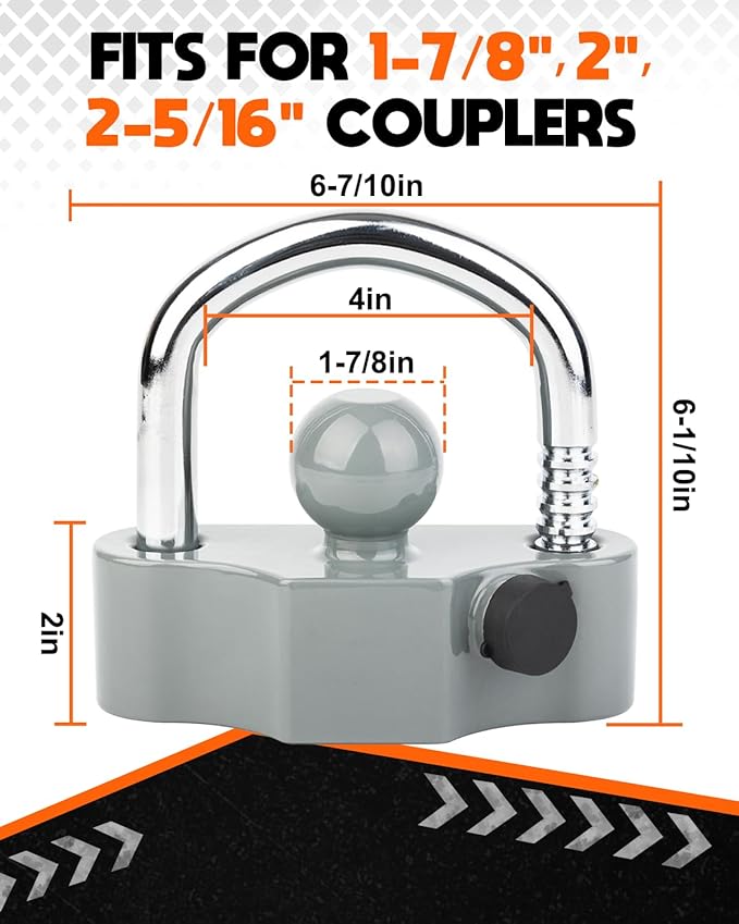 DEEAGLE Trailer Ball Coupler Lock, Heavy Duty Trailer Ball Hitch Lock Fits 1-7/8 Inch, 2 Inch, 2-5/16 Inch Couplers, Hitch Lock with Keys, Grey