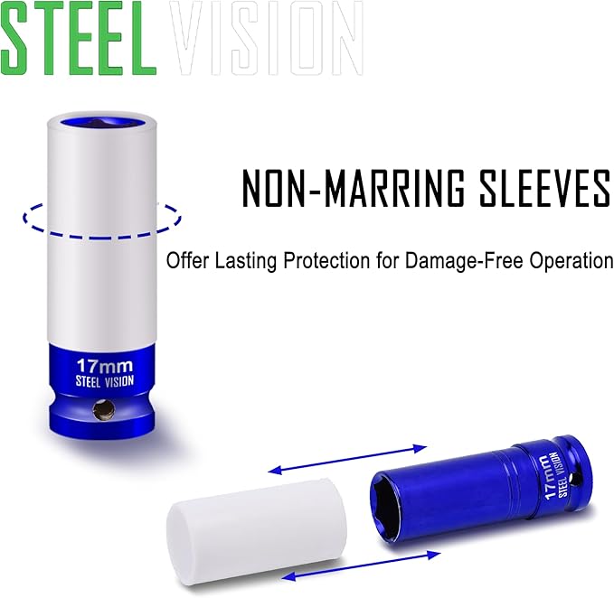 Steel Vision 1/2" Drive Lug Nut Impact Socket Set, 7 PC Metric 17, 19, 21, 22, 23, 24 & 27 mm，Cr-Mo Alloy Wheel Socket Set, Color-Coded Deep Lug Nut Impact Socket Set