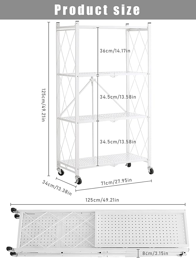 Lanstics 4 Tier Foldable Folding Shelves Heavy Duty Storage Shelving with Wheels Metal Shelf Standing Shelves Units for Home Kitchen Living Room
