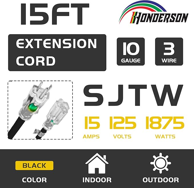Indoor Outdoor Extension Cord Weatherproof with Lighted End, UL Listed, 10 Gauge 15FT Black 3 Prong Heavy Duty, 10/3 SJTW 15A Power Cord for Outdoor Lights, Lawn