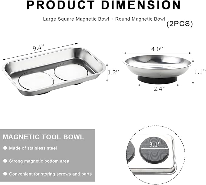 2 PCS Magnetic Parts Tray Set, Stainless Steel 9.4"×5.4" Square and 4" Round Magnetic Trays, Mechanic Tool Tray Holder for Screw, Sockets, Bolts, Nuts, Small Metal Parts