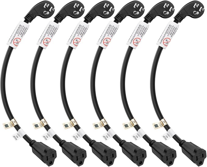 FIRMERST 1875W 1Ft Flat Plug 3 Prong Extension Cord 14 AWG Black 6 Packs