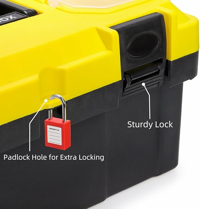 Cididu 16 Inch Plastic Tool Box with Handle, Portable Toolbox with Removable Tray and Lockable Design, Heavy Duty Toolbox Organizer with Small Parts Box for Household Workshops Garages, Black Yellow